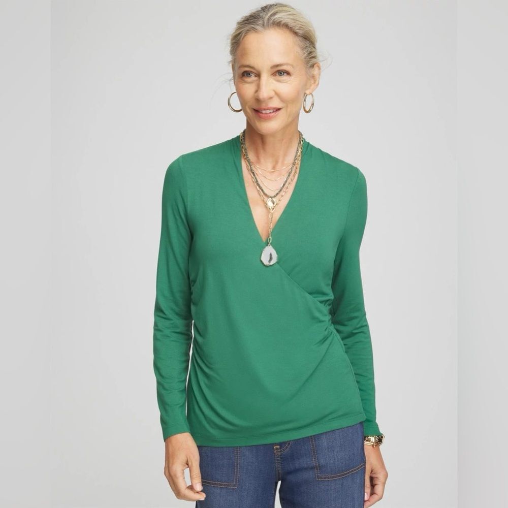 Chico's Long Sleeve Blouse SZ 3 US XL V Neck Ruched Side Color Green